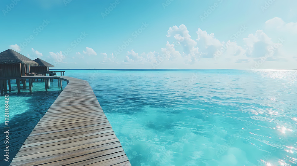 Naklejka premium A wooden jetty extending over a crystal-clear lagoon in the maldives, with overwater villas in the distance. Crystal-Clear Lagoon. Illustration