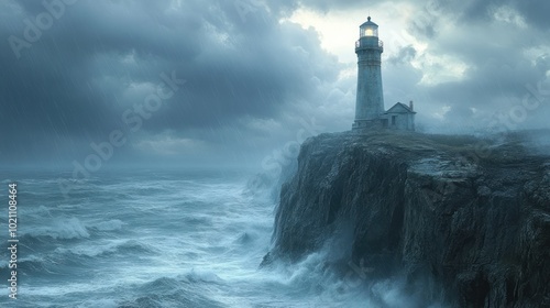 Stormy lighthouse by the sea during a dramatic weather scene.