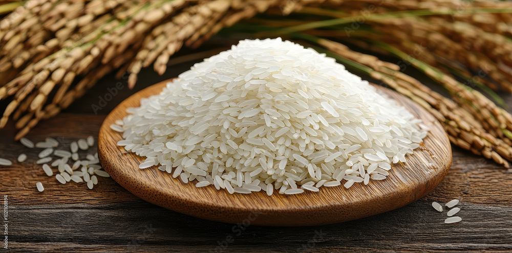 A mound of fragrant white rice grains sits invitingly with golden rice stalks serving as a natural backdrop, symbolizing sustenance and cultural significance worldwide. A mound of fragrant white rice grains sits invitingly with golden rice stalks serving as a natural backdrop, symbolizing sustenance and cultural significance worldwide.