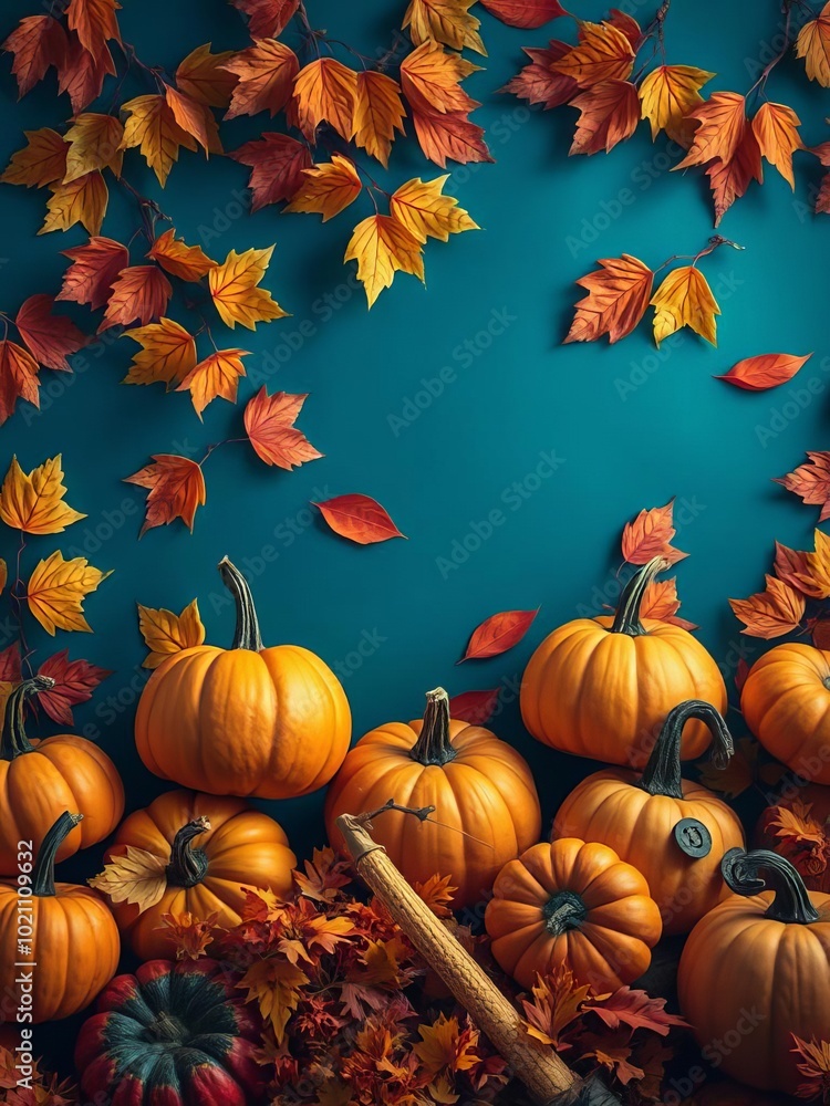 Colorful autumn leaves and pumpkins celebrate halloween on a blue background halloween backdrop Colorful autumn leaves and pumpkins celebrate halloween on a blue background halloween backdrop