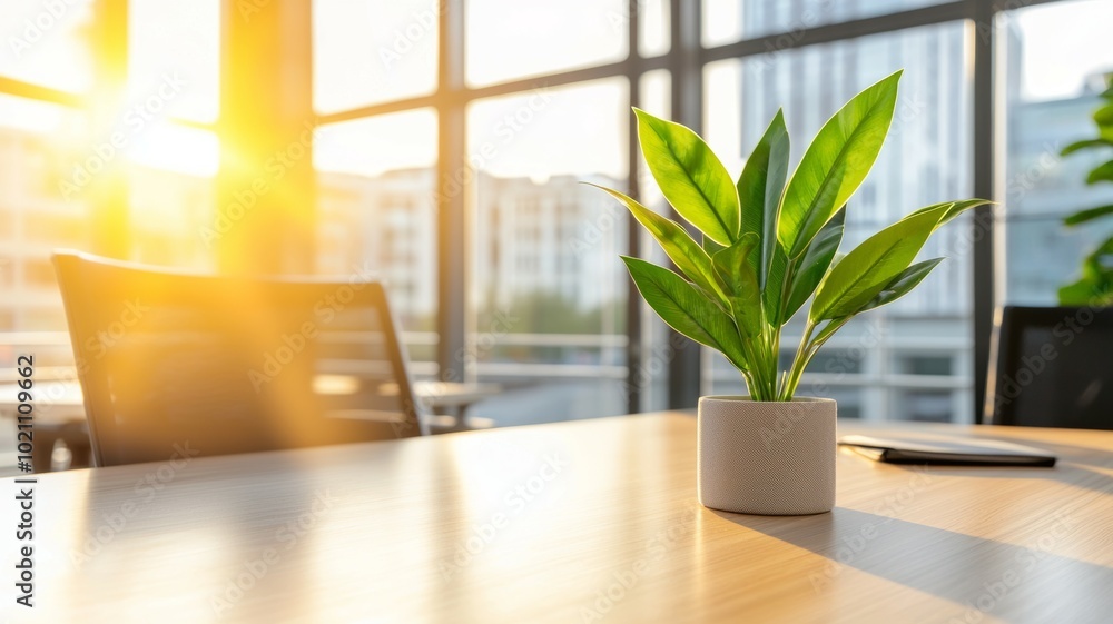 A potted plant sits on a table in a sunlit room A potted plant sits on a table in a sunlit room