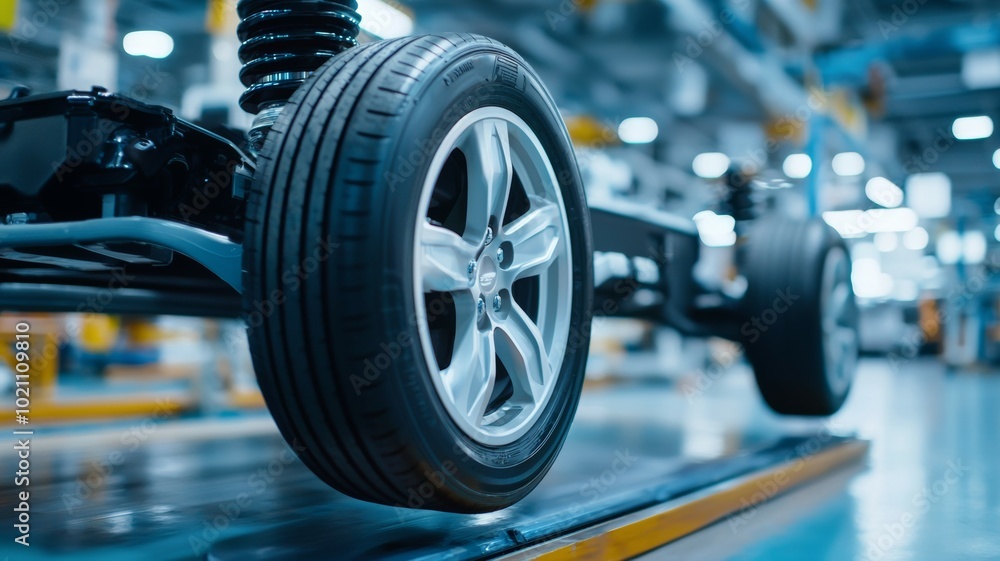 A tire is on a conveyor belt in a factory A tire is on a conveyor belt in a factory