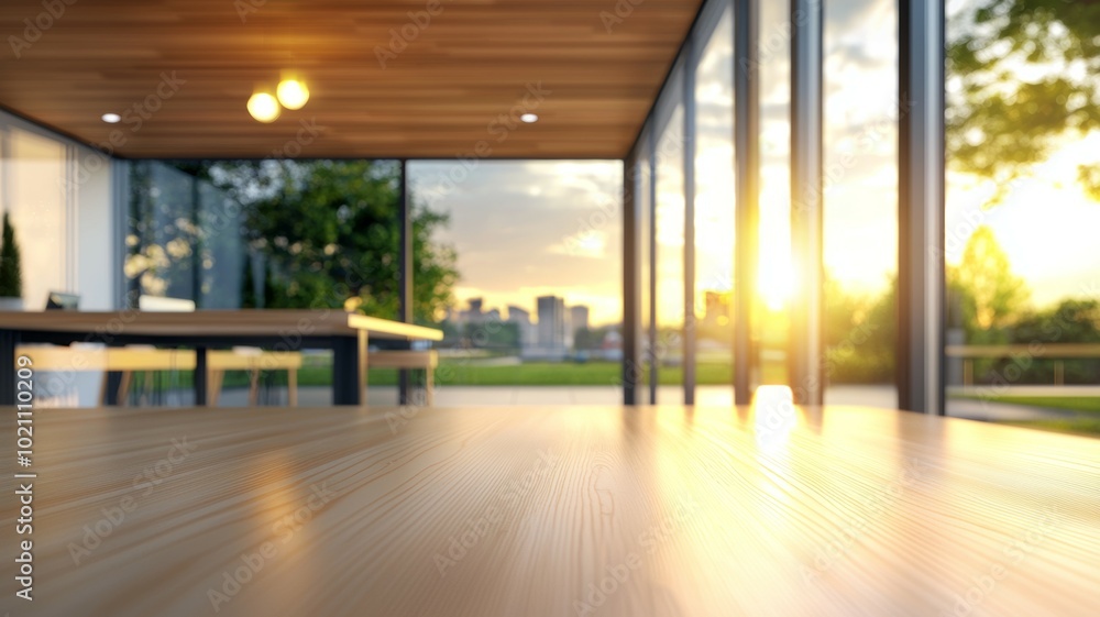 Obraz premium A room with a table and chairs, and a window with a view of the city