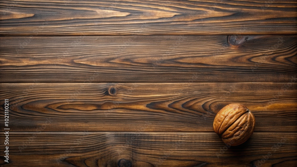 Rustic Wooden Background with a Single Walnut Shell in Focus Rustic Wooden Background with a Single Walnut Shell in Focus