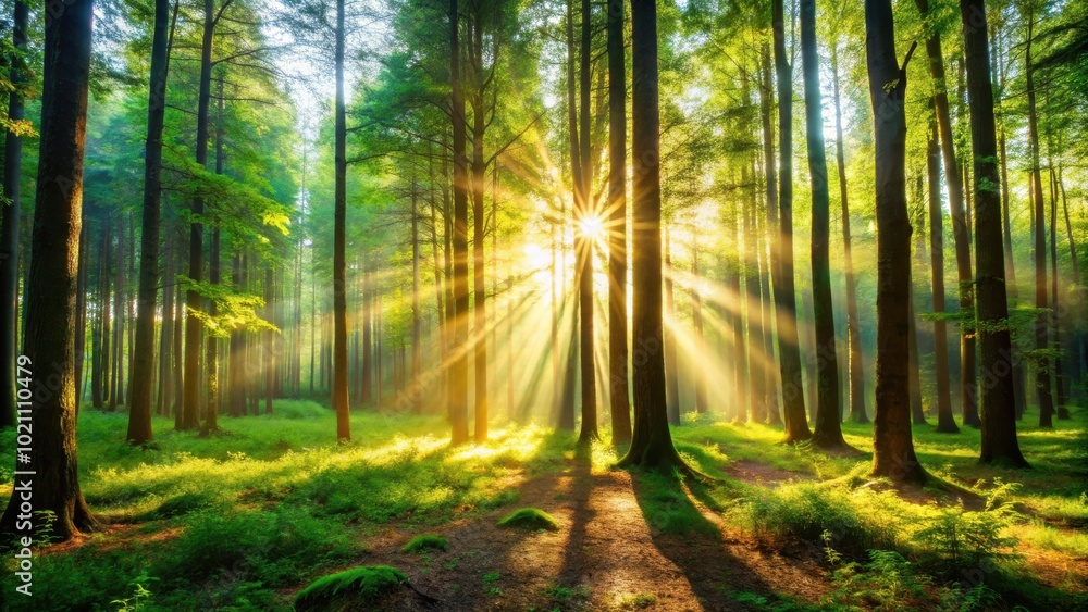 Naklejka premium Sunbeams Pierce Through a Dense Forest Canopy, Illuminating the Lush Undergrowth with Golden Rays