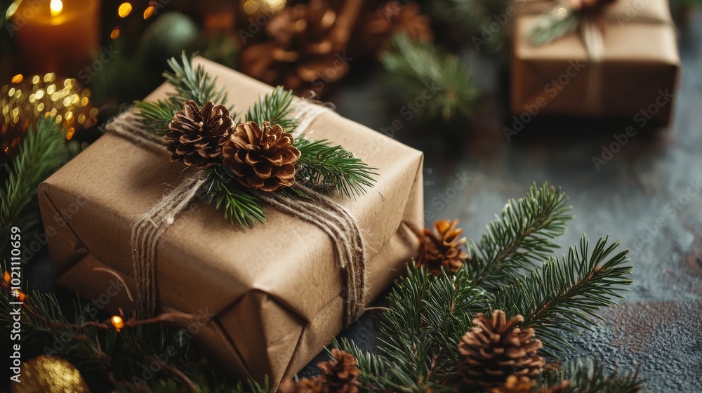 Rustic Christmas gift wrapped in twine with pinecone and greenery decorations Rustic Christmas gift wrapped in twine with pinecone and greenery decorations