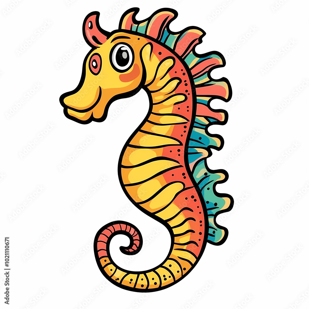 Fototapeta premium A colorful cartoon seahorse with a playful expression and vibrant colors.