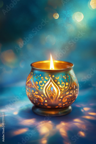 Wallpaper Mural Oriental, Arabic, Ornametal Intricate Colorful Lantern, Light Diffuser with Lit Candle, Tea Light, Vertical Poster with Copy Space. Torontodigital.ca