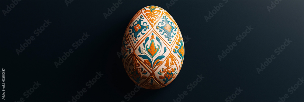 A beautifully decorated Easter egg with intricate patterns in shades of blue, gold, and white, set against a dark background. A beautifully decorated Easter egg with intricate patterns in shades of blue, gold, and white, set against a dark background.