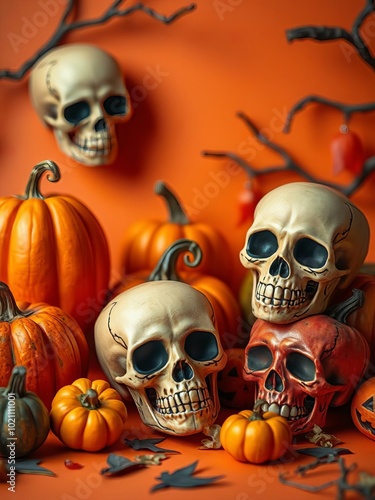 Colorful halloween decorations featuring playful skulls and pumpkins on an orange backdrop for festive celebrations halloween backdrop