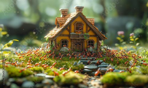 Cartoon ants build a house in the forest.