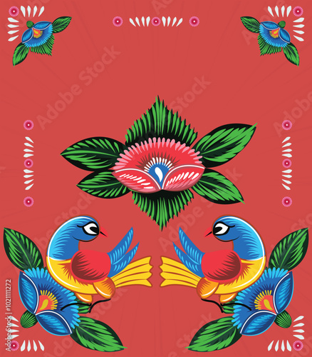 a colorful rickshaw painting, and a folk design with a bright background. Pakistani and Indian truck art