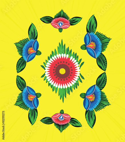 a colorful rickshaw painting, and a folk design with a yellow background