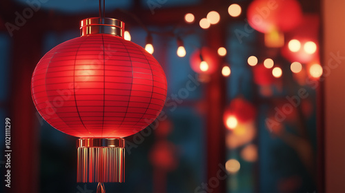 Vibrant Red Chinese Lantern with Bokeh Lights and Light Garland, Copy Space, Lunar New Year Celebration at Night.