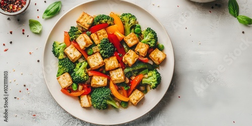 Colorful stir-fry with tofu, broccoli, and peppers on a white plate.