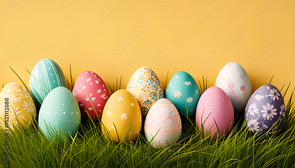 A collection of beautifully decorated Easter eggs rests on green grass, with intricate pastel patterns and floral designs on each egg A collection of beautifully decorated Easter eggs rests on green grass, with intricate pastel patterns and floral designs on each egg