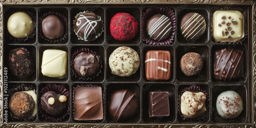 A luxurious assortment of handcrafted chocolate truffles in an elegant box. A luxurious assortment of handcrafted chocolate truffles in an elegant box.