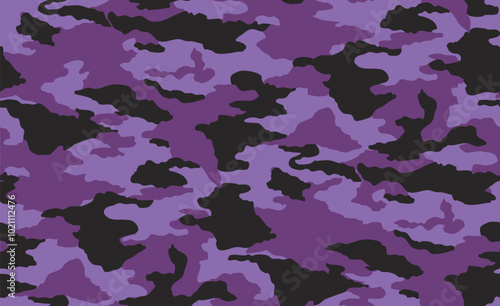 Seamless black and purple camouflage pattern. Army camo masking design. Military clothing style background.