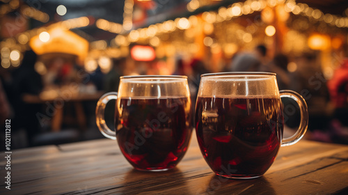 Hot Mulled Wine, Two Gluhwein in a Mug on a Christmas Market Outdoors, Warm Winter Beverage, Punch, Tea for Christmas Season.