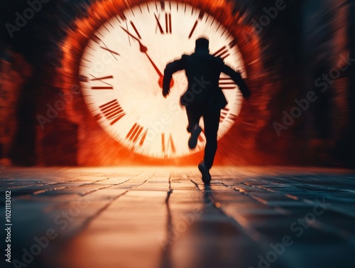 Man running against a giant clock in vibrant colors, symbolizing the race against time and urgency in a dynamic setting. photo