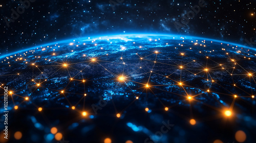 3D Rendering of Earth at Night Surrounded by Network Connections, Glowing Dots and Lines, Communication and Telecommunications Concept, 5G Mobile, Global Business