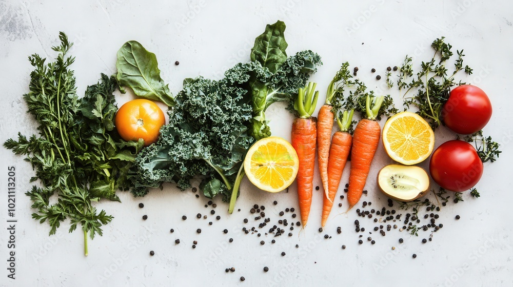 A vibrant display of fresh vegetables and fruits arranged on a white background.
