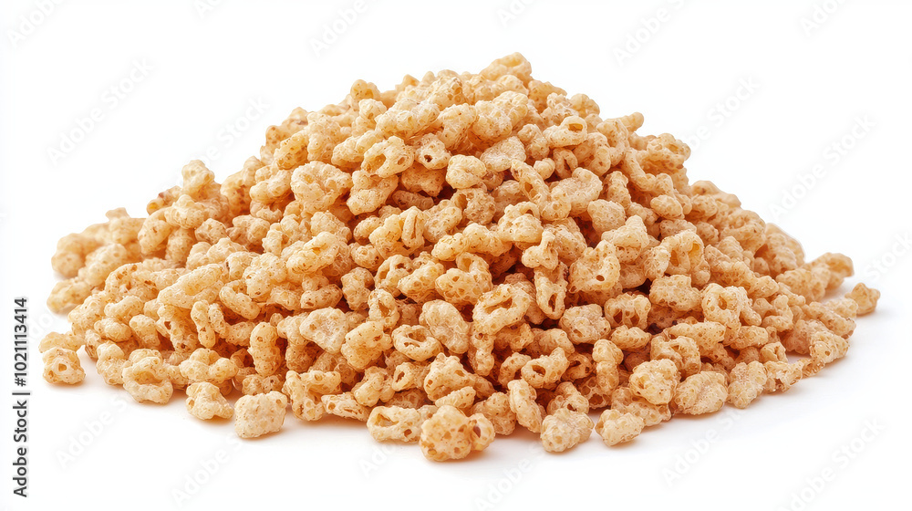 The image presents a pile of intricately textured puffed grains, with a golden hue, photographed against a white background, ideal for healthy eating. The image presents a pile of intricately textured puffed grains, with a golden hue, photographed against a white background, ideal for healthy eating.