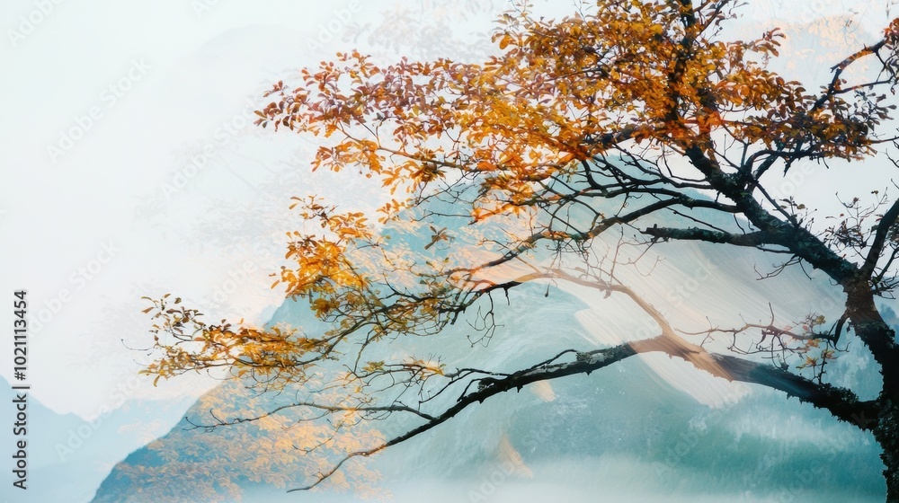 Stunning Autumn Tree with Vibrant Foliage Against Misty Mountain Landscape Stunning Autumn Tree with Vibrant Foliage Against Misty Mountain Landscape
