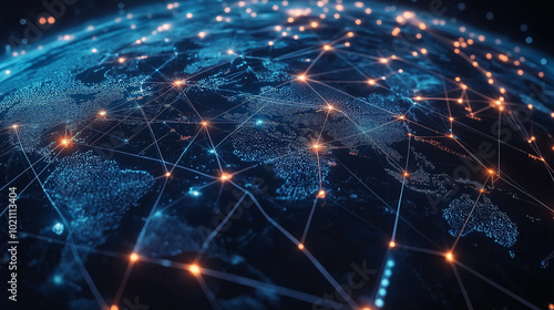 3D Rendering of Earth at Night Surrounded by Network Connections, Glowing Dots and Lines, Communication and Telecommunications Concept, 5G Mobile, Global Business
