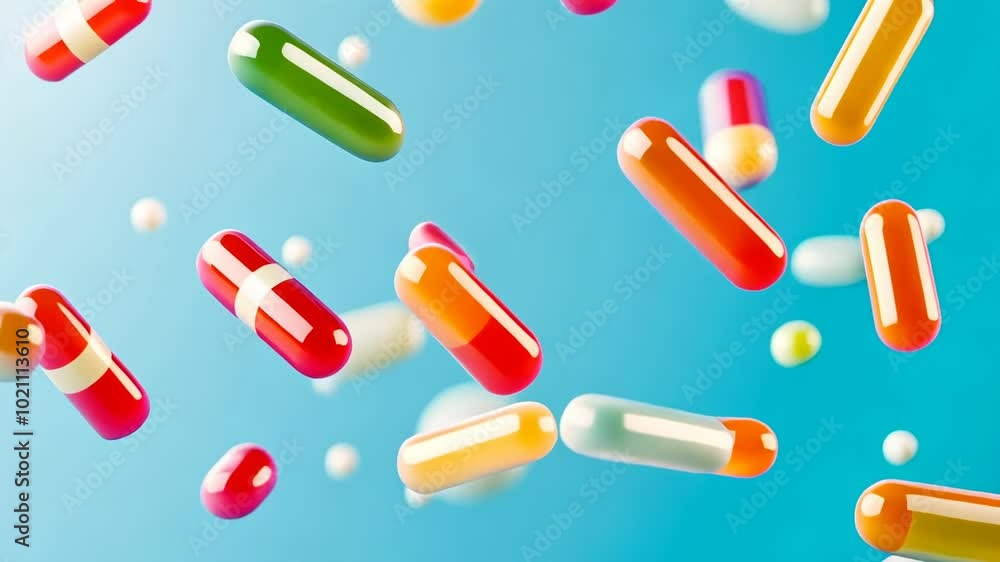Various colorful pills and capsules float against a bright blue background, suggesting themes of health and medication innovation. The scene captures a vibrant and dynamic aspect of pharmaceuticals. Various colorful pills and capsules float against a bright blue background, suggesting themes of health and medication innovation. The scene captures a vibrant and dynamic aspect of pharmaceuticals.