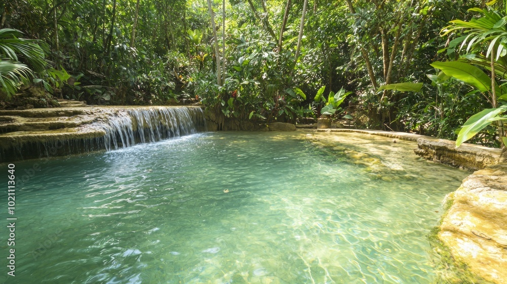 Naklejka premium Serene Hidden Waterfall in Unseen Thailand Surrounded by Lush Foliage and Orchids, Ultra Detailed Shot of Crystal-Clear Turquoise Pool