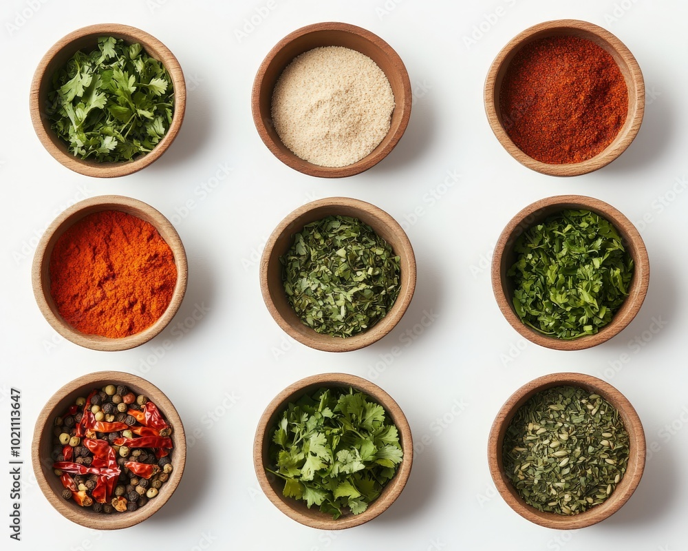 Assorted spices and herbs in wooden bowls on a white background. Assorted spices and herbs in wooden bowls on a white background.
