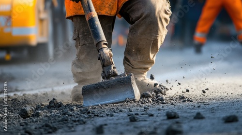 A stocky Latino male construction worker, using a jackhammer to break concrete at a road construction site. photo