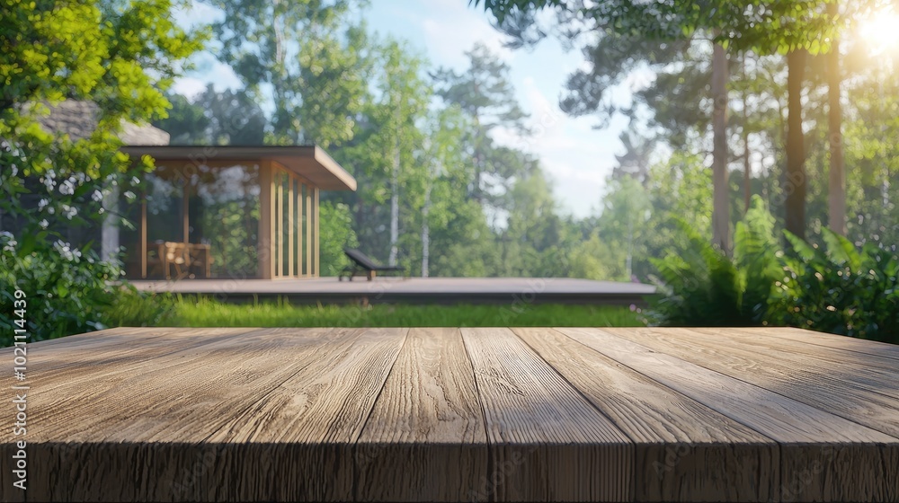 3D rendering of a wooden tabletop in the foreground, against the background of a summer house 3D rendering of a wooden tabletop in the foreground, against the background of a summer house