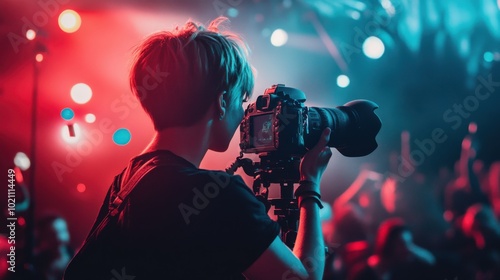 A stocky white female photographer with short hair, capturing live concert photos in a dark, vibrant venue. photo