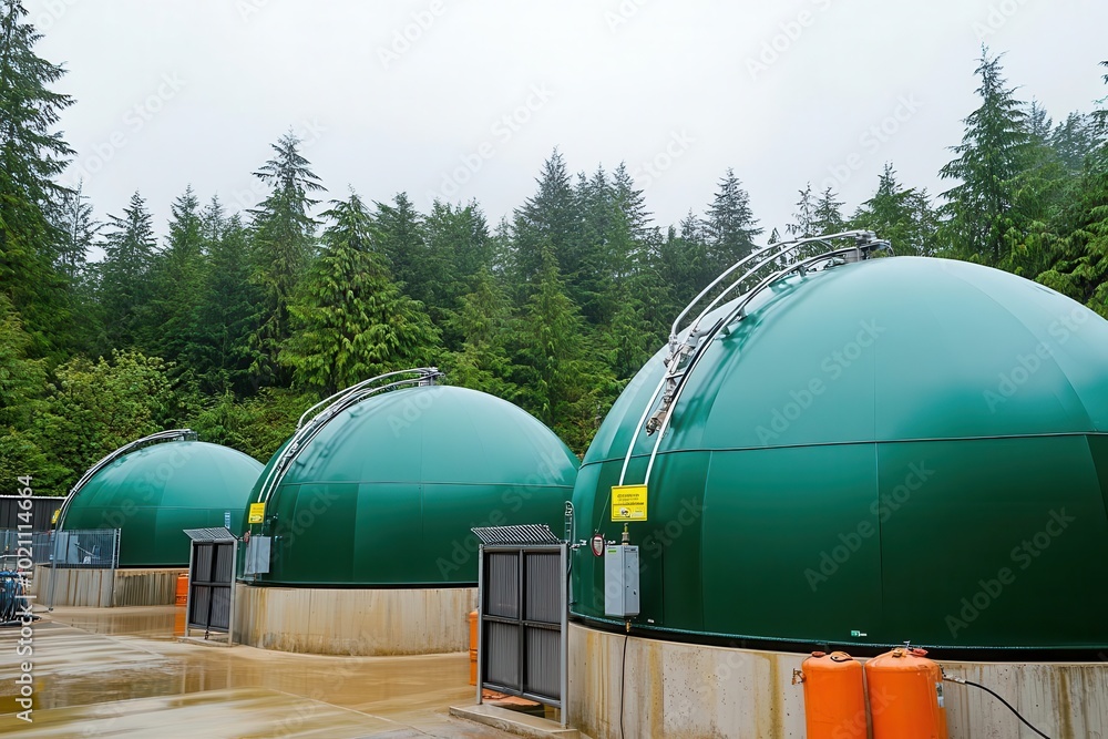 Green biogas tanks in a forested area, showcasing renewable energy solutions and sustainable practices in nature. Green biogas tanks in a forested area, showcasing renewable energy solutions and sustainable practices in nature.