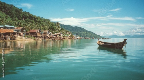 Serene Fishing Village Tranquility - Idyllic Unseen Thailand Landscape with Traditional Wooden Boats, Green Hills, and Blue Sky