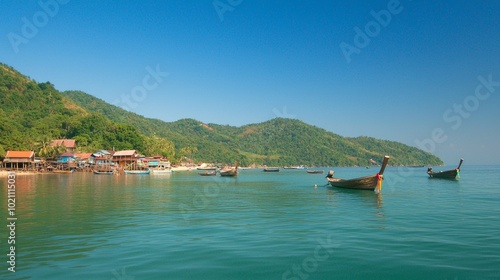 Wallpaper Mural Serene Charm of an Unseen Thailand Fishing Village - Tranquil Scene with Traditional Boats, Lush Hills, and Blue Sky Captured in Ultra Detail Torontodigital.ca