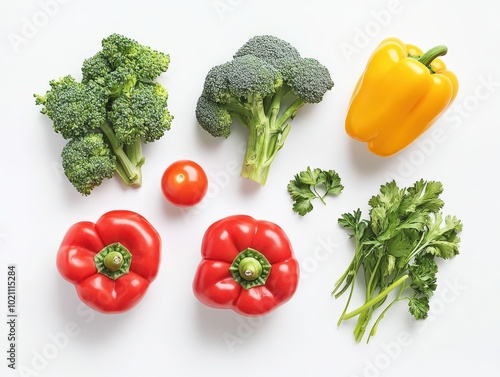 Fresh vegetables including broccoli, peppers, and tomatoes artfully arranged on a white background.