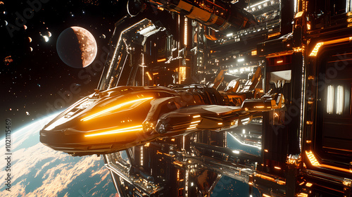 Fototapeta Naklejka Na Ścianę i Meble -  A sleek spaceship docked at a massive space station, with glowing energy fields protecting the station and distant planets visible through the stations windows. Starship Dock. Illustration