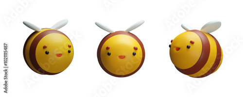 3d rendering striped bee collection. Cute yellow insect set. Animal character for eco wax product. Bubble honeybee mascot. Vector illustration in cartoon style. Plasticine Stylized wasp with wings.