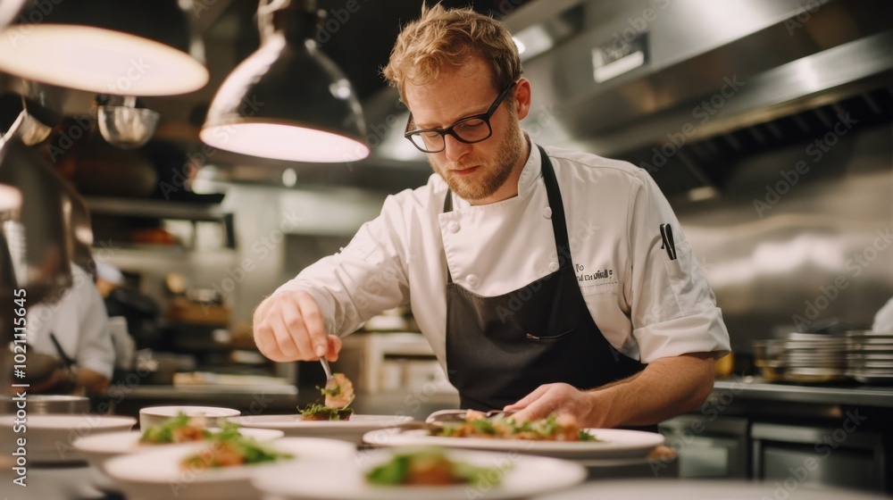 A tall white male chef with glasses, garnishing plates in a fast-paced gourmet kitchen. A tall white male chef with glasses, garnishing plates in a fast-paced gourmet kitchen.
