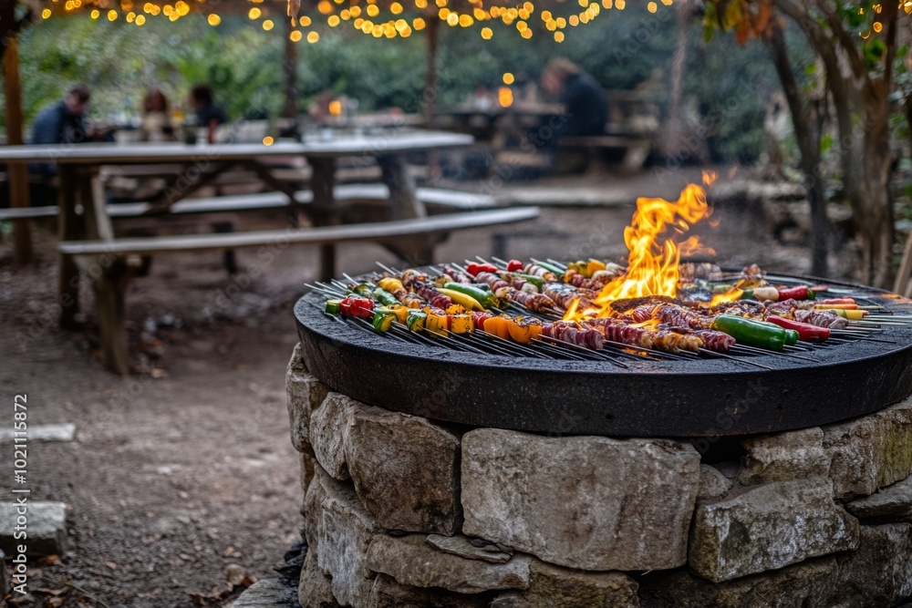 A lively outdoor barbecue scene featuring grilled meats and vegetables on a stone grill. Soft lights create a warm atmosphere. Perfect for gatherings and celebrations. Generative AI A lively outdoor barbecue scene featuring grilled meats and vegetables on a stone grill. Soft lights create a warm atmosphere. Perfect for gatherings and celebrations. Generative AI