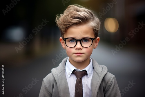 business, education and school concept - serious little boy in eyeglasses