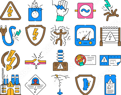 electrical danger voltage icons set vector. hazard power, energy high, safety shock, warning volt, risk lightning flash triangle electrical danger voltage color Contour Illustrations