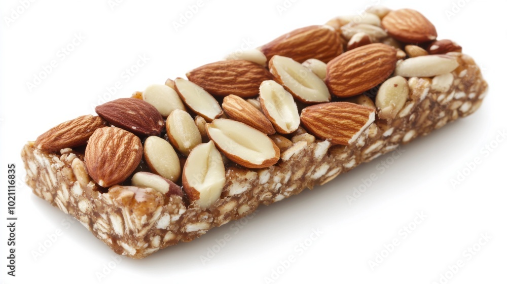 A nutritious protein snack bar made from almonds, seeds, and nuts, isolated on a clean white background, ideal for a health-conscious lifestyle. / A nutritious protein snack bar made from almonds, seeds, and nuts, isolated on a clean white background, ideal for a health-conscious lifestyle. /