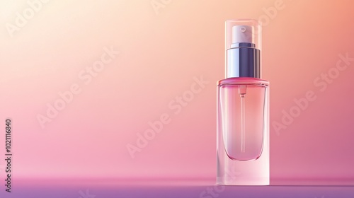 A mockup of an airless pump bottle designed for foundation cream, featuring a modern, transparent design, displayed against a soft gradient background that enhances its sleek aesthetics.