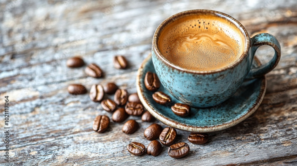 Aromatic Espresso Cup with Roasted Coffee Beans on Wooden Table Aromatic Espresso Cup with Roasted Coffee Beans on Wooden Table