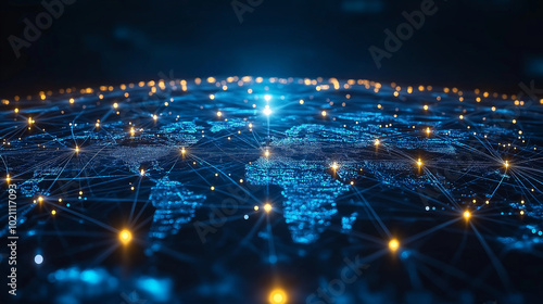 3D Rendering of Earth at Night Surrounded by Network Connections, Glowing Dots and Lines, Communication and Telecommunications Concept, 5G Mobile, Global Business
