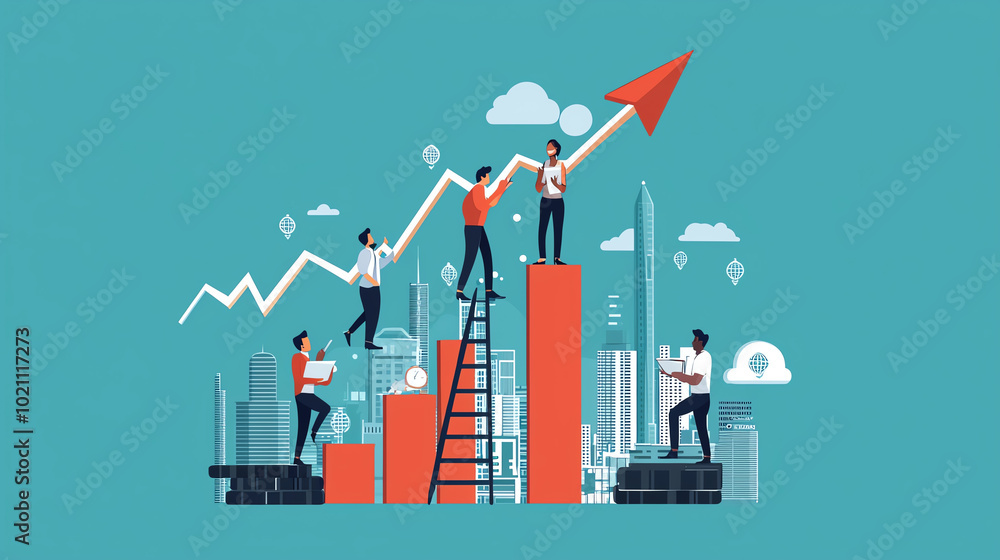 Business team working together to achieve growth, with charts and skyscrapers in the background, symbolizing success and collaboration. Business team working together to achieve growth, with charts and skyscrapers in the background, symbolizing success and collaboration.